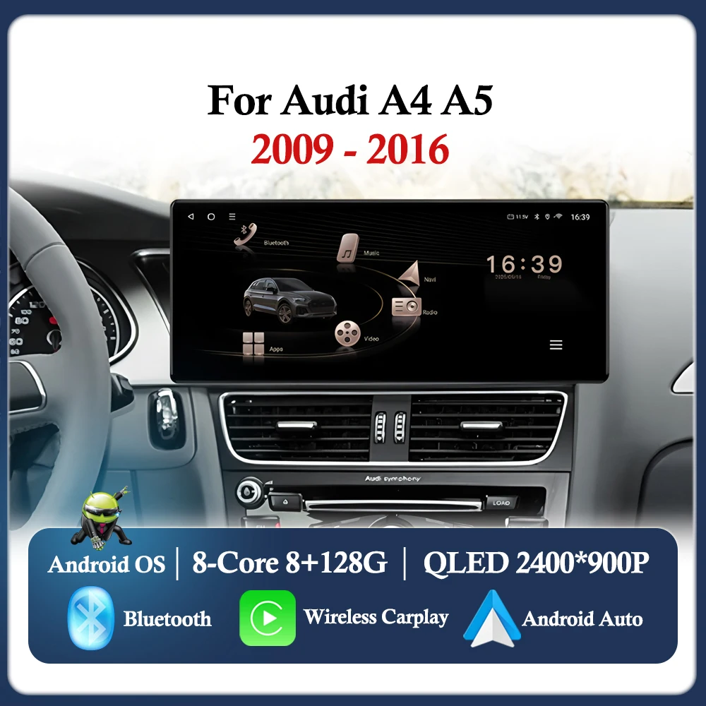 Android 15 For Audi A4 A5 2009 - 2016 Car Radio Multimedia Player Wireless CarPlay Navigation GPS BT WiFi QLED Touch Screen