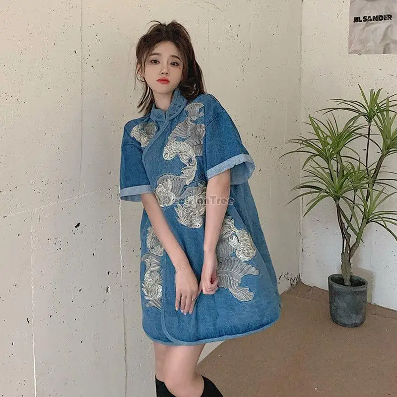 2024 chinese style vintage short sleeve qipao dress women hanfu denim skirt embroidery qipao dress casual daily embroidery dress