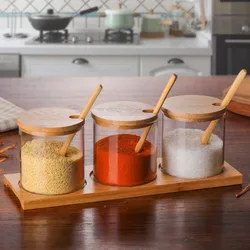 3Pcs Condiment Jars Set Clear Glass Condiment Pot Set with Lids Spoons and Bamboo Tray Multipurpose Condiment Container