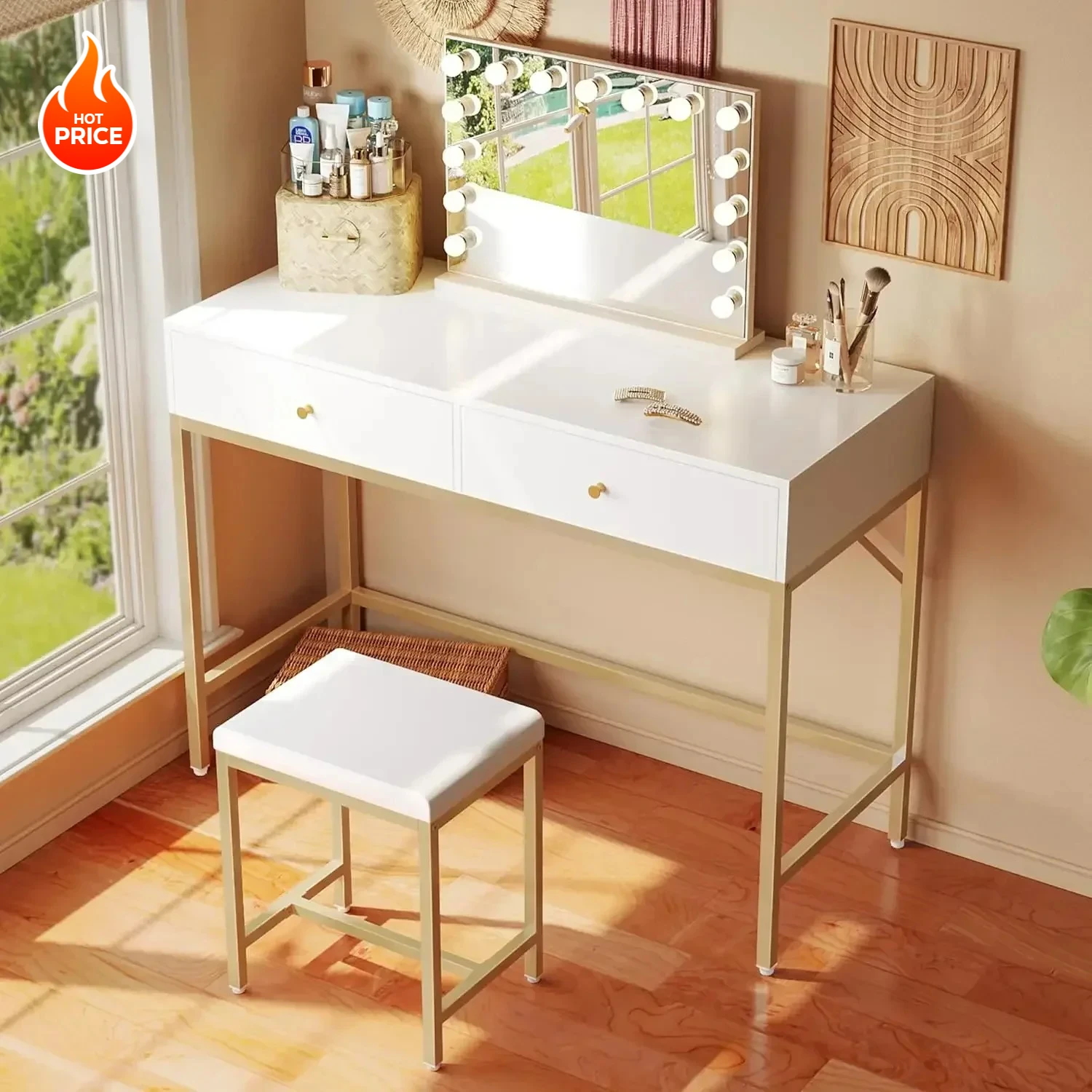 

35.4" White and Gold Desk with 2 Drawers, Modern Makeup Vanity with Padded Stool, Small Computer Desk Home Office
