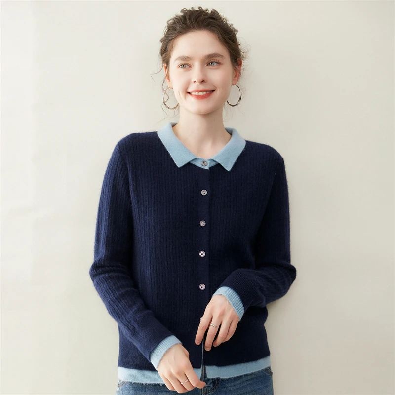 

New Style Women 100% Cashmere Sweater Elegant Autumn Winter Soft Thick Warm Cardigan Tops Knitted Color Block Woman Sweater