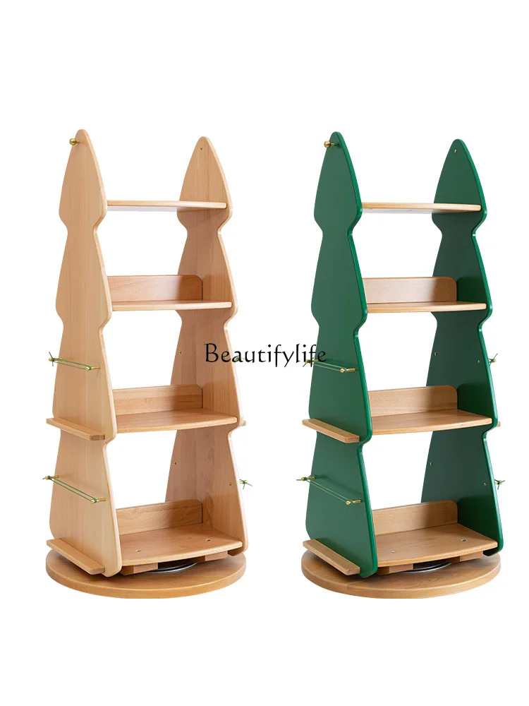 All Solid Wood Storage Learning Multi-Layer Shelf Wood Color 360 Degrees Rotating Bookcase