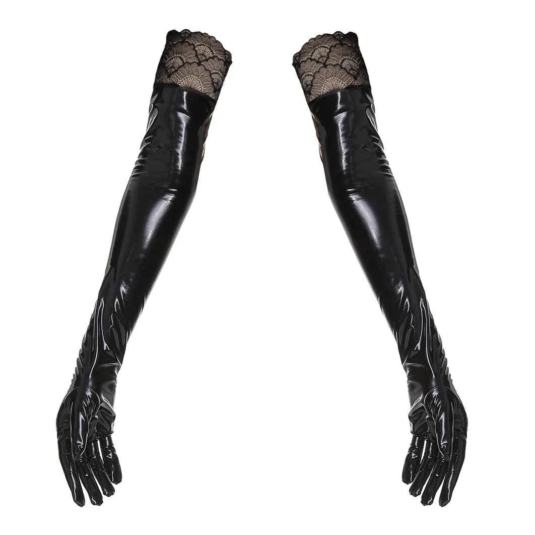 Women's Glossy PVC Leather Gloves With Lace Trim, Full Finger Ladies PU Latex Mittens for Gothic Nightclub Cosplay