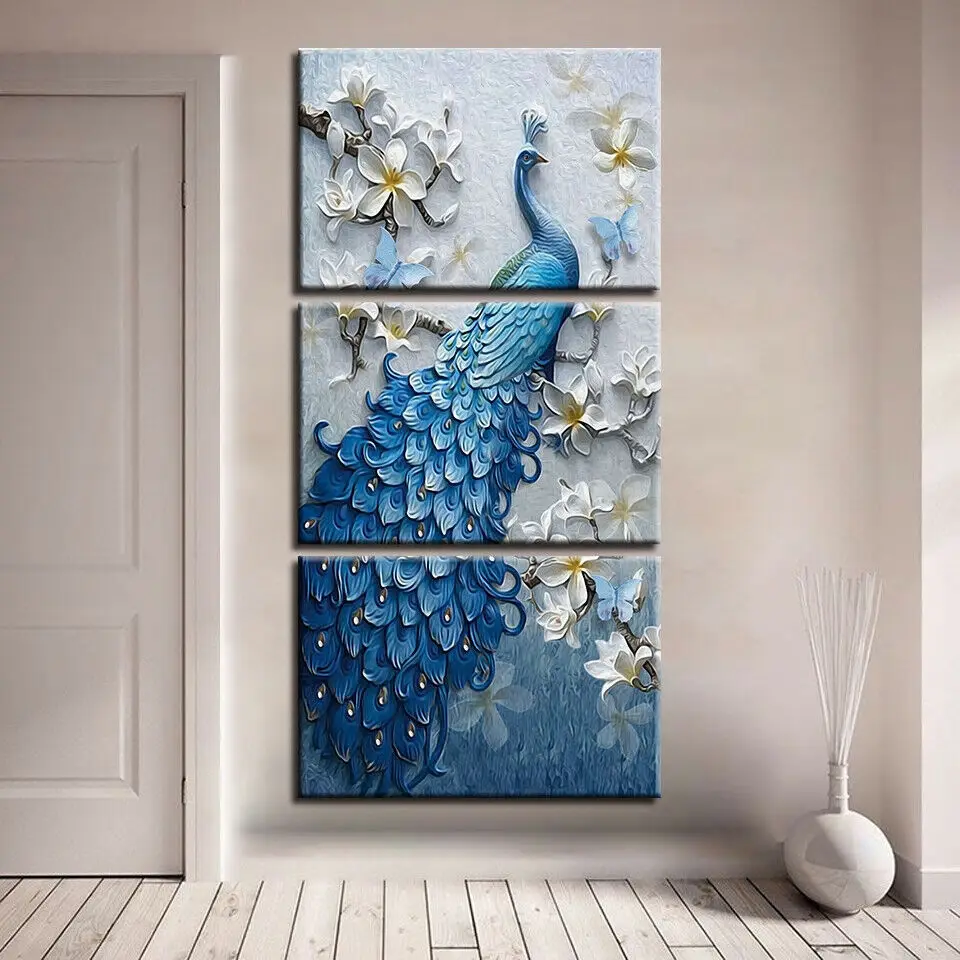 

Beautiful Blue Peacock Flowers 3Pcs Posters Wall Print Art Canvas Pictures Home Decor Paintings for Living Room Decoration