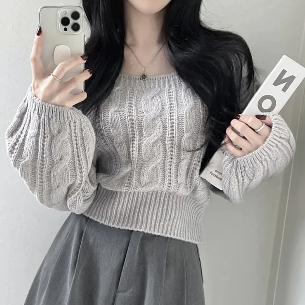 

Женский шикарный вязаный свитер Long Sve, осенний универсальный топ Lazy Sle Lantern Sve Color с квадратным воротником