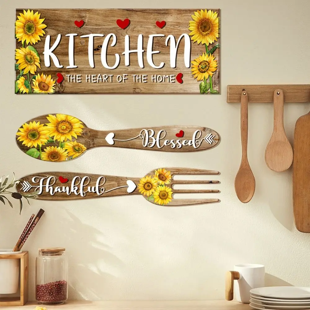 2Pcs/set Sunflower Sunflower Spoon Fork Sticker Fork and Spoon PVC Kitchen Restaurant Decal Moisture-proof Waterproof Home Decor