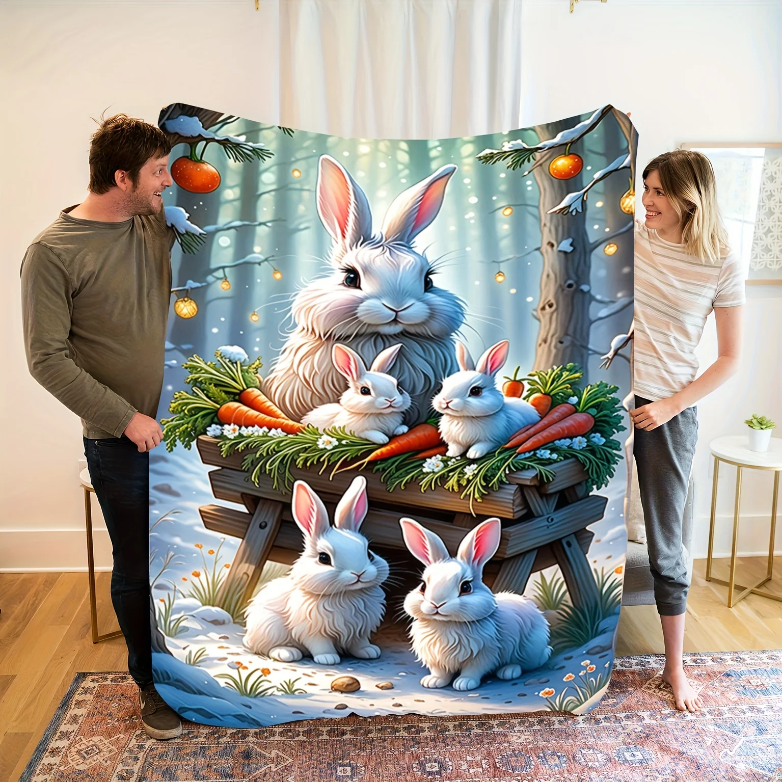 1pc of Cozy Forest Easter Flannel Blanket with Cute Bunny And Carrot Theme Pattern Printed Flannel Blanket, Fashionable, Soft An