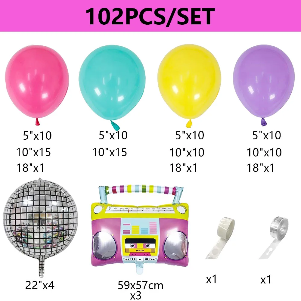 102pcs 80s 90s Disco Party Decor Balloon Garland Arch Kit Radio disco Foil Ballon Back to 90s Birthday Retro Party Hip Hop Decor