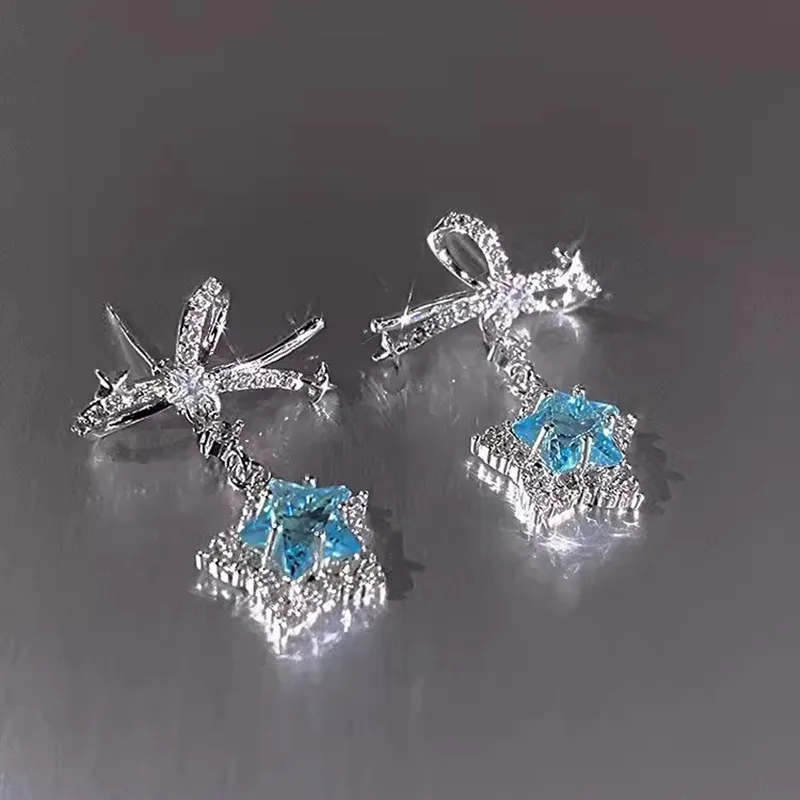 Exquisite Blue Star Shaped Zircon Stud Earrings for Women Personalized Stylish Daily Accessories Party Jewelry Birthday Gifts