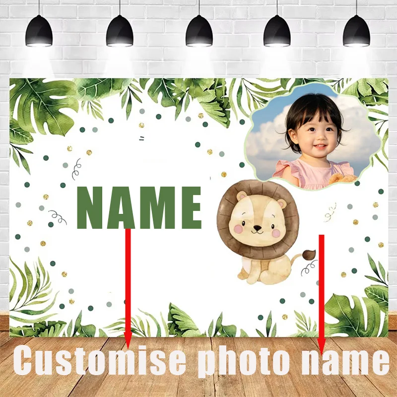 

Custom Lion Safari Birthday Backdrop Add Photo & Name Tropical Green Leaves Baby Shower 1st Birthday Party Photography Banner