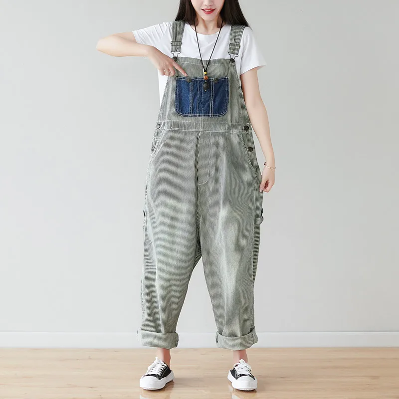 #1408 Spring Summer Vertrical Striped Denim Jumpsuits Women Loose Wide Leg Jeans Jumpsuits Ladies Loose Streetwear Overalls