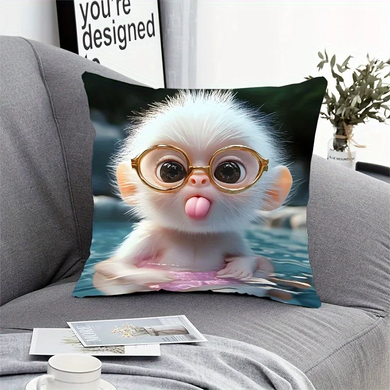 1PC Cute Monkey Design Pillowcase, Bohemian Animal Theme, Zipper Closure, Machine Washable, Decorative Cushion Cover for Living