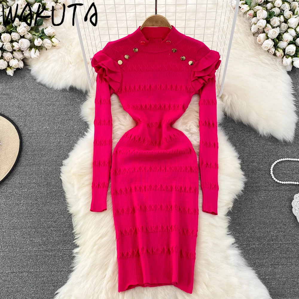 

WAKUTA Elegant Stand Neck Sequnied Button Sweater Dress Bodycon Knit Long Sleeve Slim Hip Maxi Dresses Autumn Winter Solid Sweet