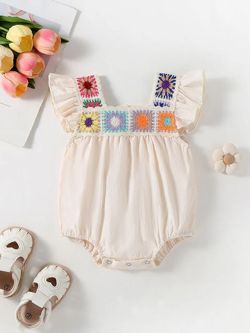 LILIGRL 2025 New Spring Girls Bodysuit Baby Cute Weaving Flower Ethnic Style One Piece Baby Girl Flutter Sleeve Onesie