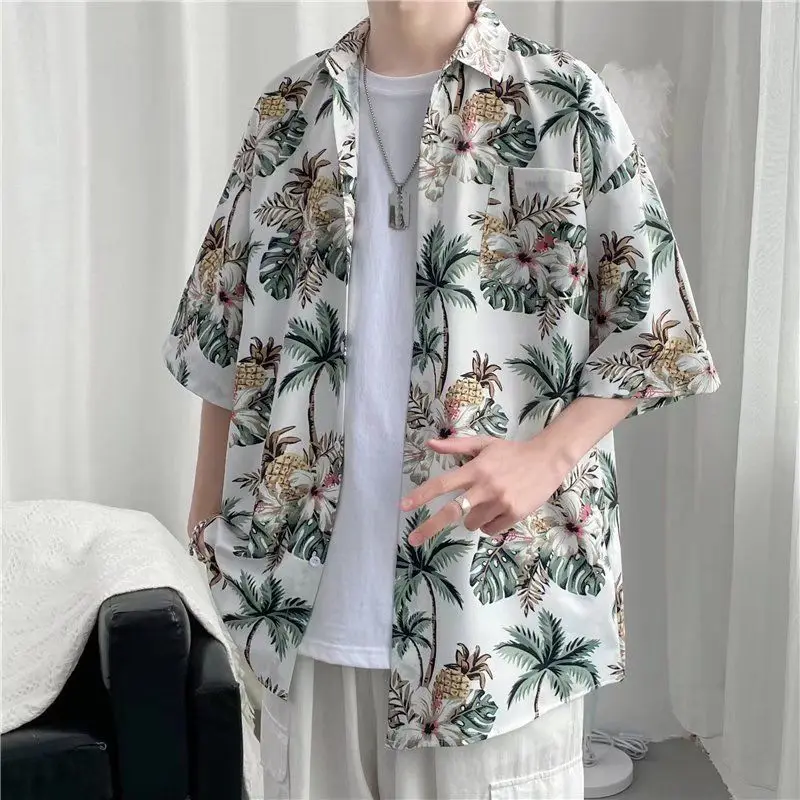 Summer New Turn-down Collar Fashion Short Sleeve Shirt Man High Street Casual Loose Button Cardigan Y2K Printing All-match Tops