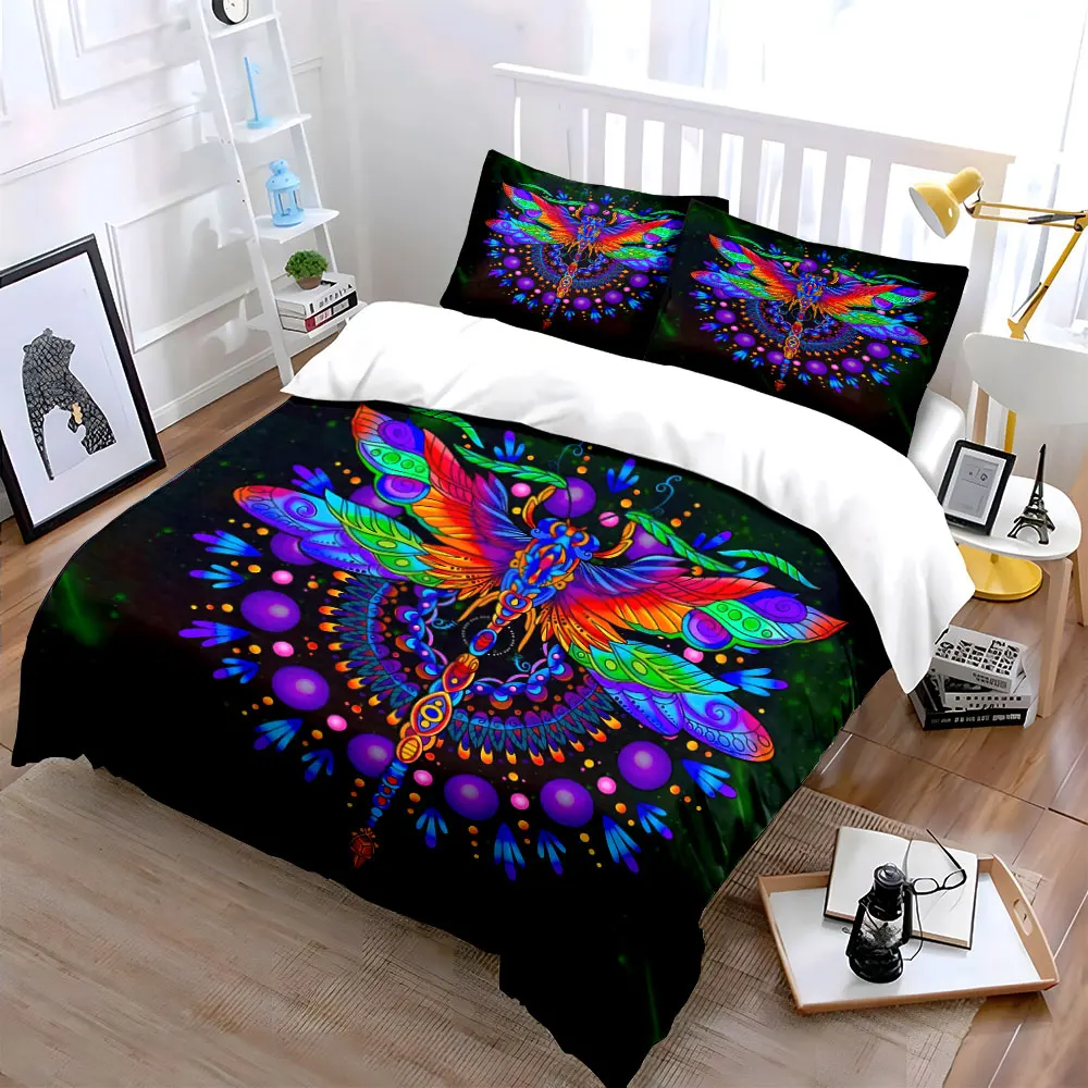 Colorful Dragonfly Pattern Set Decoration Bedding Set with 1 Duvet Cover 2 Pillowcases Single Double King Queen, Gift