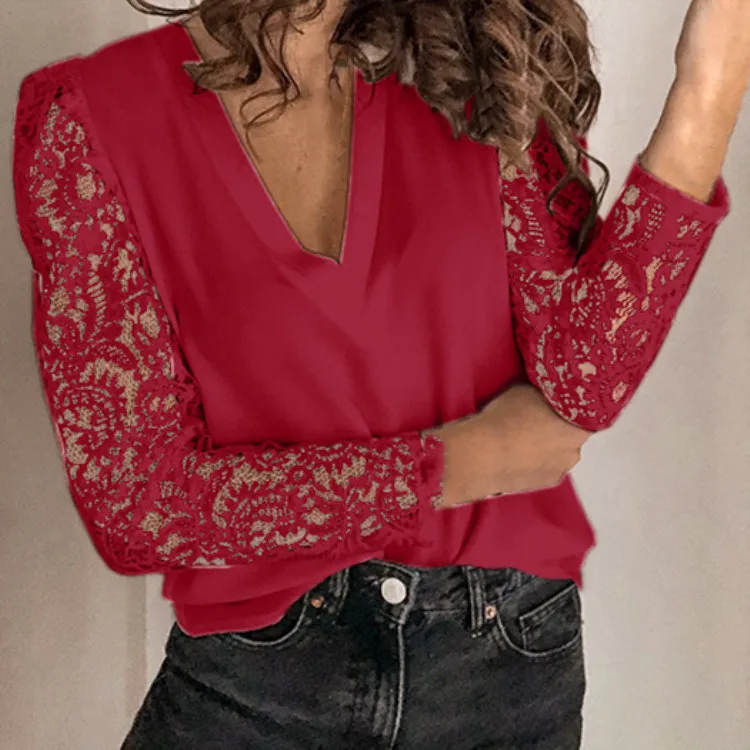 2021 Elegant Blouses Women Lace Tops Chic Women\'s Blouses Fashion Size Woman Shirt V Neck Women Tops and Blouse