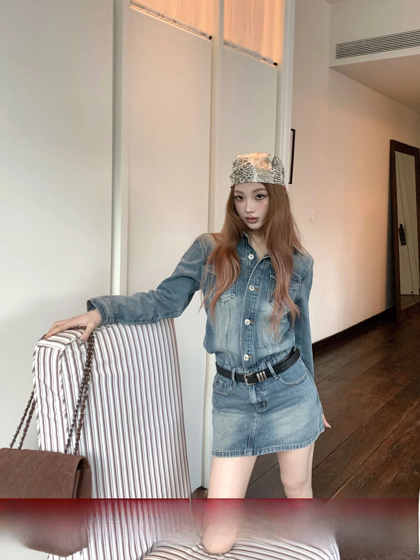 

Waed Denim Dr Women's Korean Sle Casual Vintage Feel Long Sve Stand Fit Jeans Dr for Early Spring