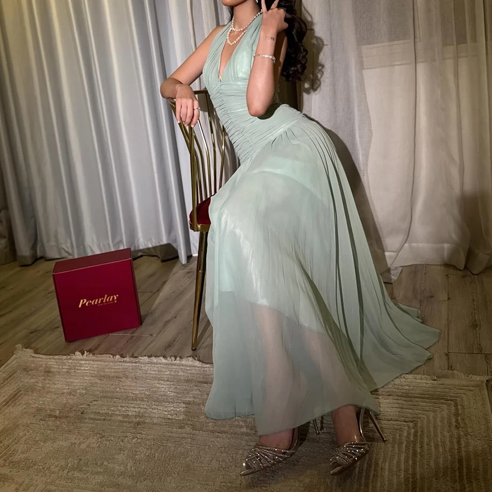 Robe de soirée trapèze personnalisée, longueur cheville, col en v, sans manches, robe de bal plissée, Simple, drapée, dos nu, à la mode