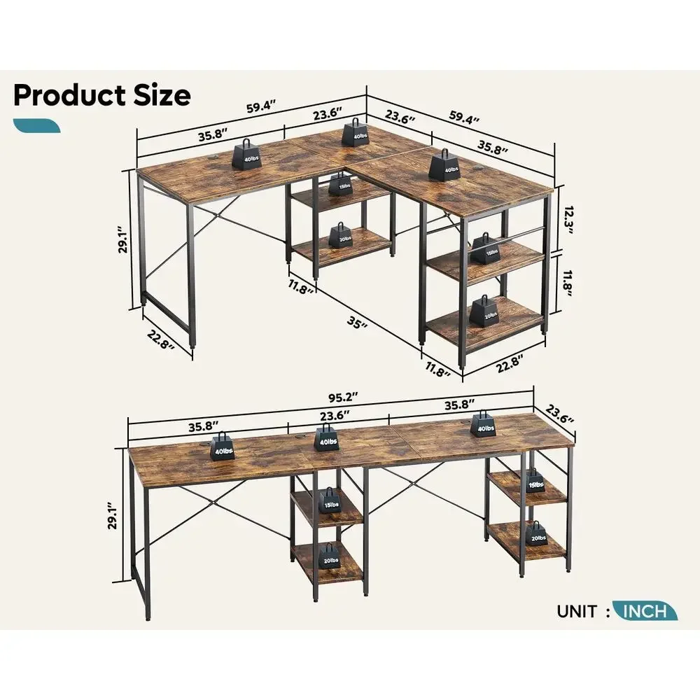 Reversible 95.2 L-Shaped Desk with Shelves, 2-Person Workstation, Large Storage, Rustic Brown