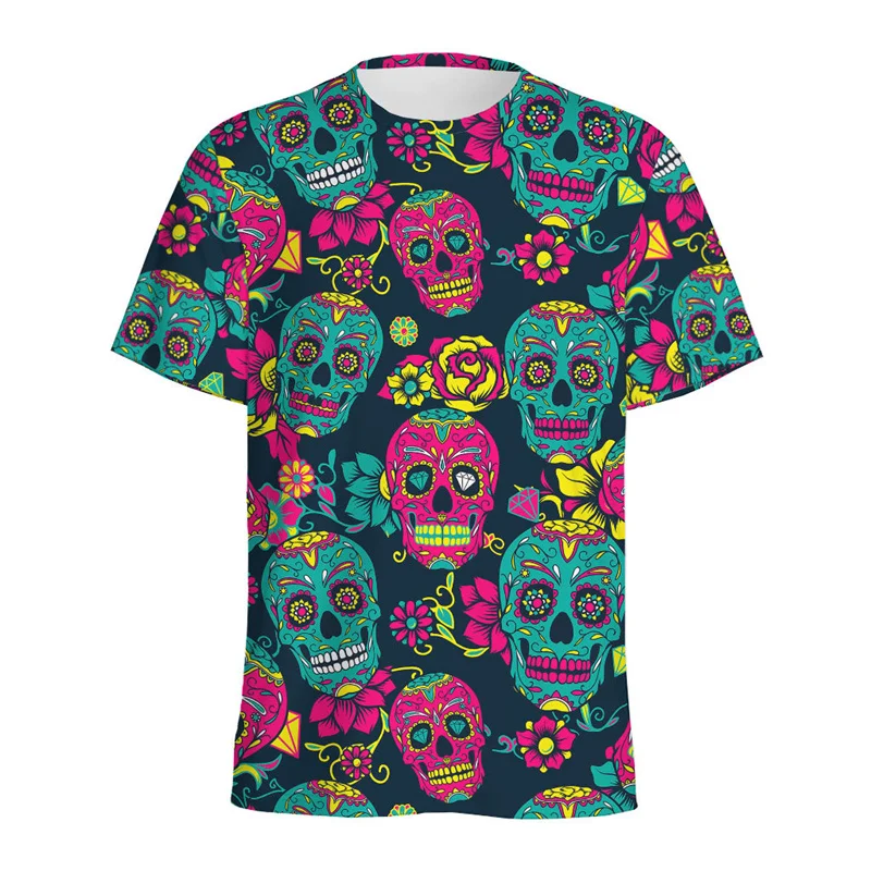

Fashion Mexican Sugar Skull Pattern T-shirt For Men Casual Short Sleeve Tops Summer 3d Printed Rose Graphic Tees Women T Shirts