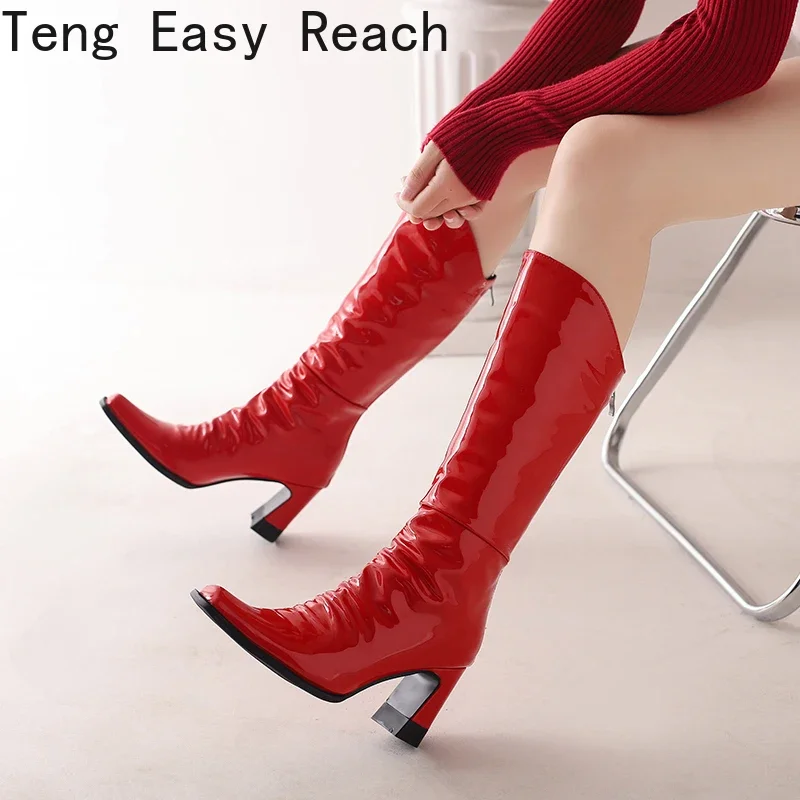 Plus Size Shiny Patent Leather Square toe Profiled High Heel Knee High Boots Plush Inner Back Zipper Pleated Gold Fashion Boots