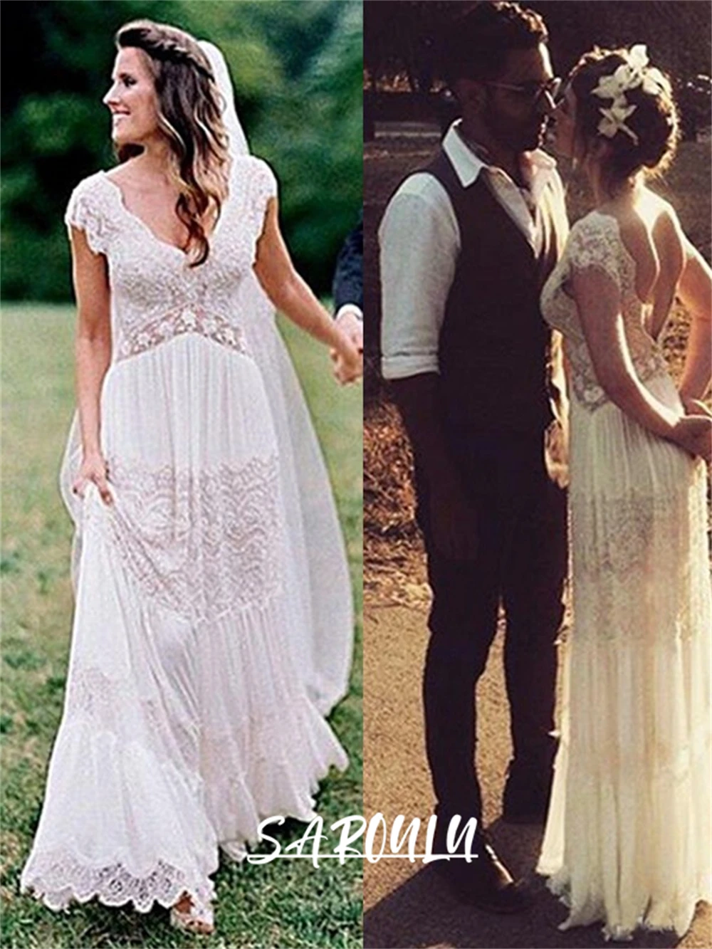 Boho Lace V-neck Ruched Short Sleeves Floor-Length Wedding Dresses, Illusion Women Vintage Bride Dresses Sweep Train Bridal Gown