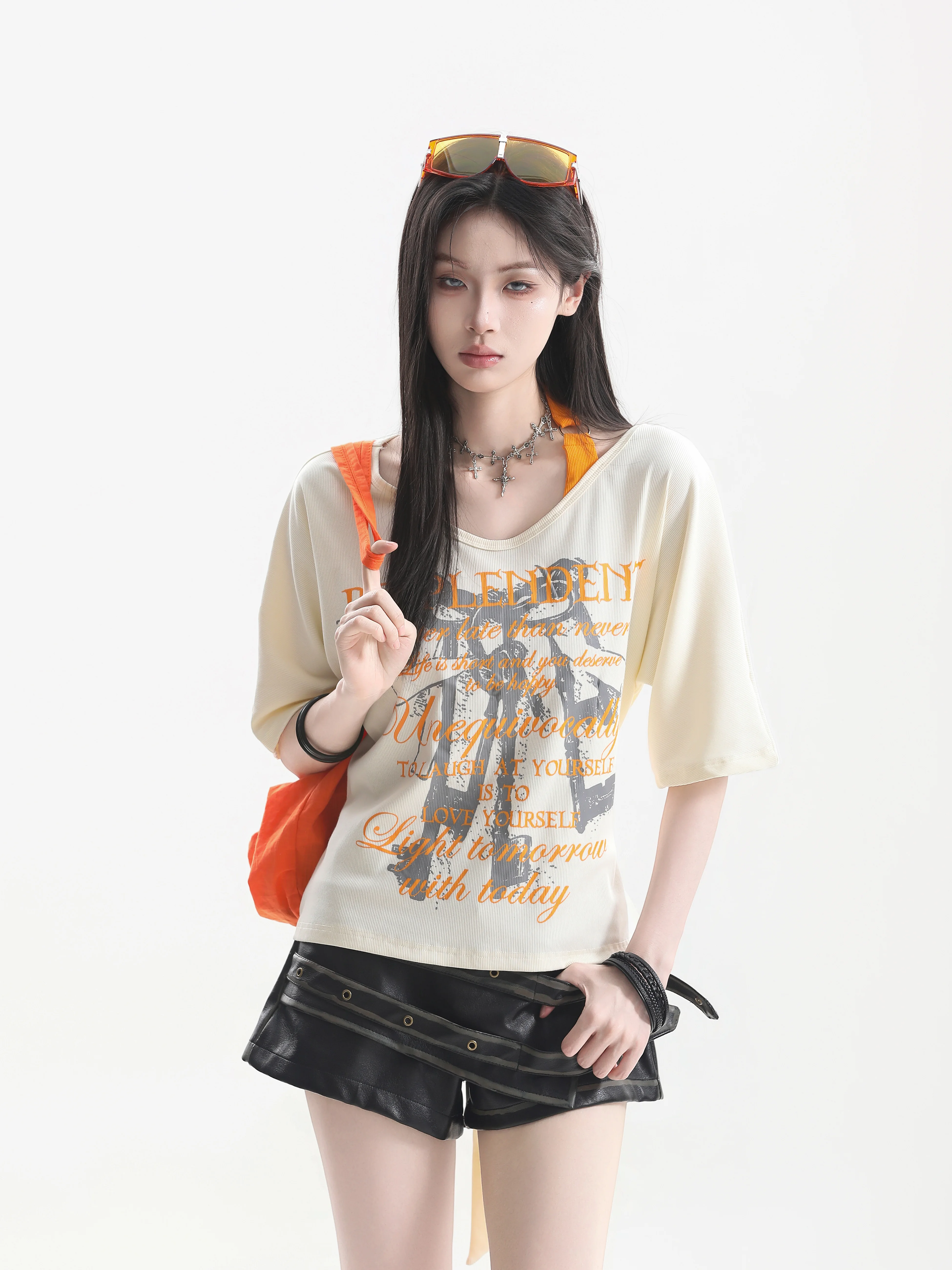 

Sexy American Girl Design Loose Top Ins Short Sleeve T-Shirt Women's Halter Neck Strap Cleanfit Vintage Cotton Blend