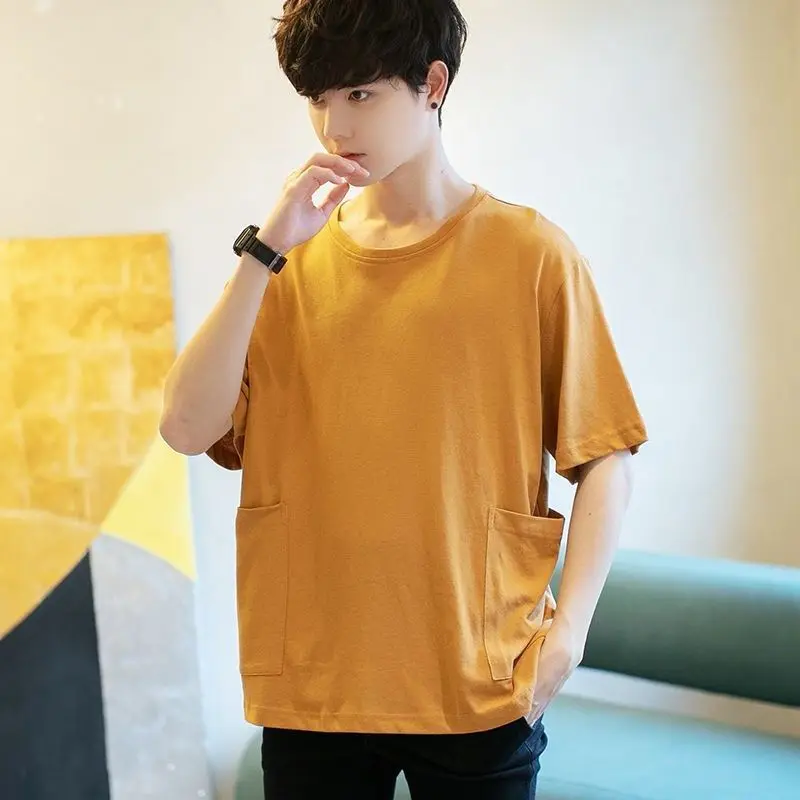 Fashion Casual Pullovers Man Solid Color Loose T-Shirts Straight Round Neck Handsome Short Sleeve Spring Summer Men\'s Clothing