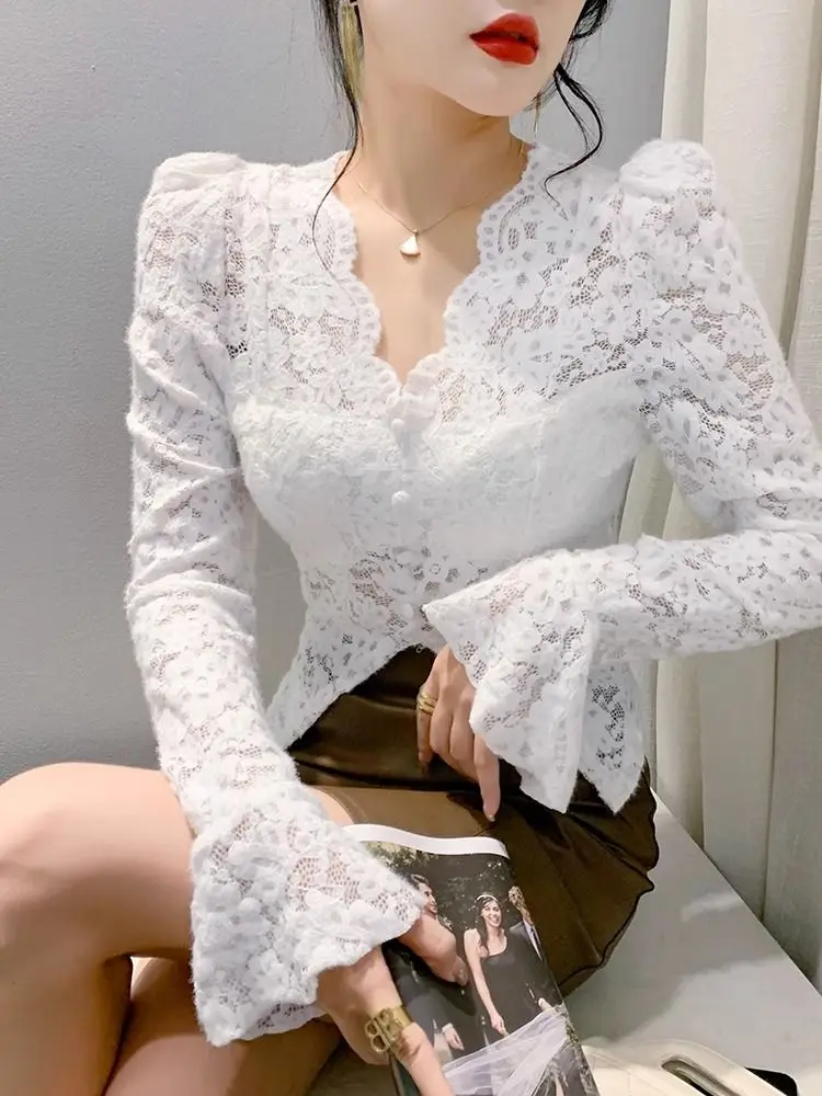 Spring Summer Lace T-shirt Slim Women V-neck Long Sleeve Shirt Button Irregular Short Tops Puff Sleeves Vintage Chic Design Tees