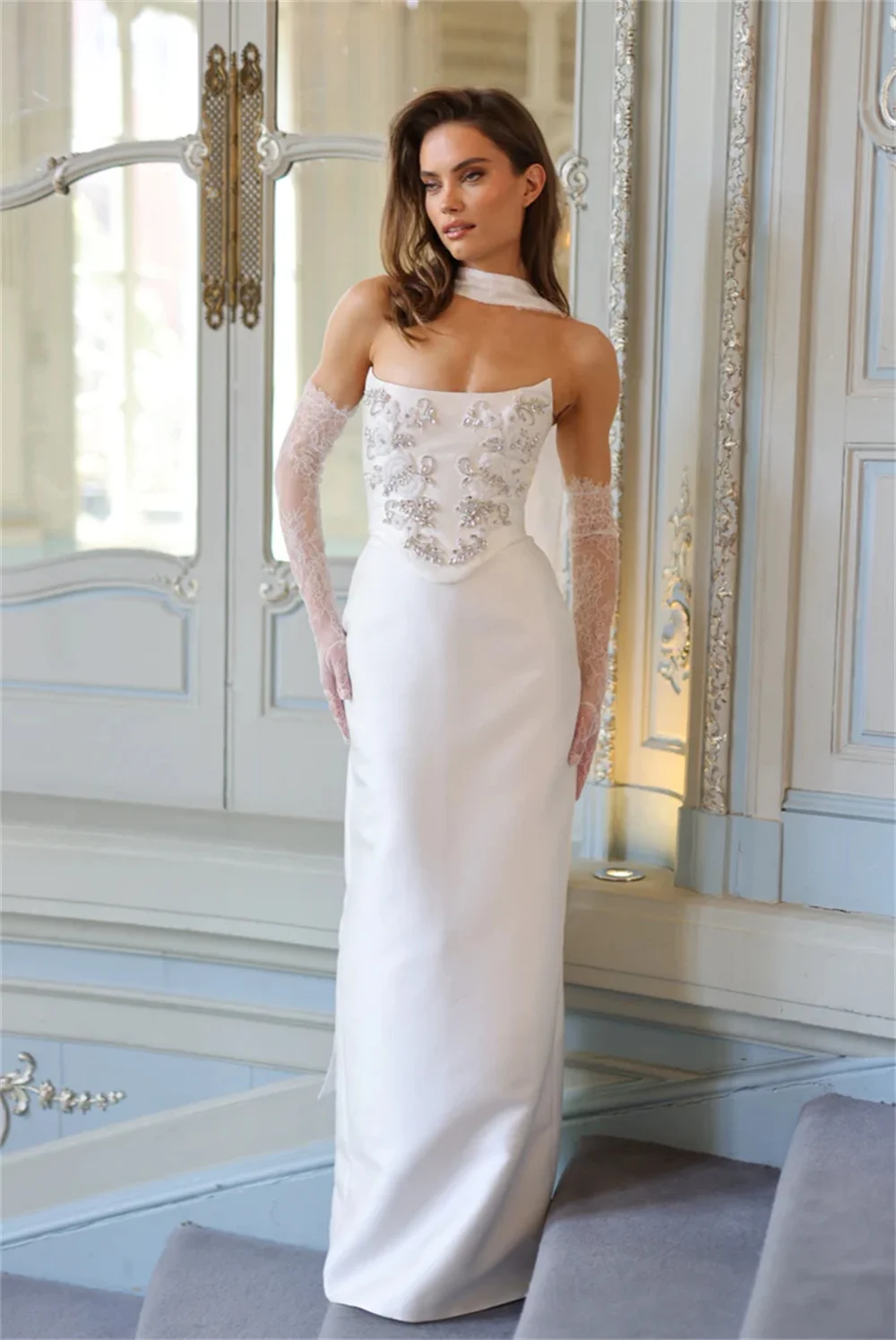 Kyoto White Simple Strapless Rhinestones Wedding Dresses Halter Mermaid Floor-length Customized Lace-up Back Formal Evening 2025