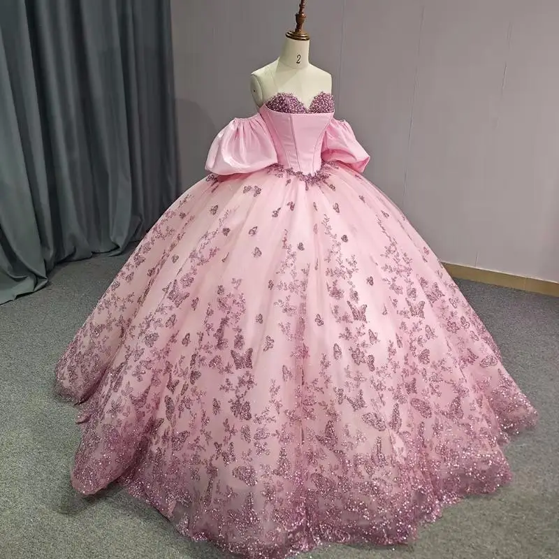 Розовые блестящие платья Quinceanera, бальное платье с открытыми плечами и блестками, аппликация, бант, бисер, кристалл, тюль, милое платье 16, Vestidos De 15