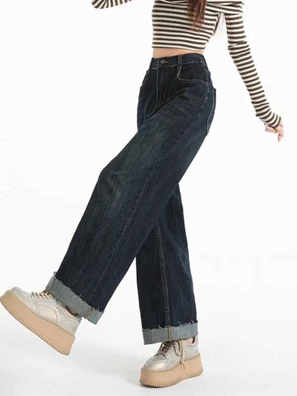 

Ретро джинсы с высокой талией и широкими штанинами для женщин, свободные прямые длинные брюки, осенние, для коррекции фигуры, повседневная одежда