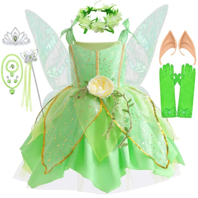 Girls Tinker Bell costume Halloween costume for kids green Tinkerbell fancy dress fairy princess cosplay birthday party 2-10y