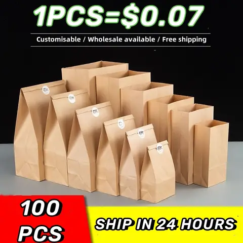 100 Pcs 크래프트 종이 가방 스낵 베이킹 포장 차 음식 작은 선물 샌드위치 빵 가방 파티 결혼식 용품 포장