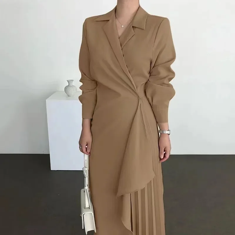 2024 Autumn Dresses Women Pleated Formal Elegant Shirt Long Dress Office Lady Muslim Vintage Solid Color Suit Evening Vestido