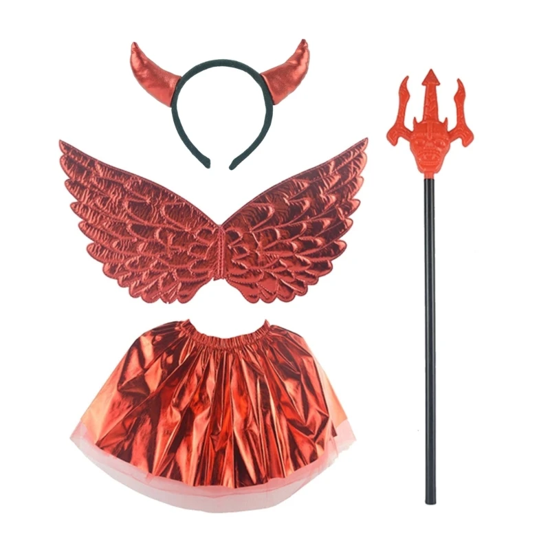 

4Pcs/Set Halloween Women Girls Outfit Novelty Devil Horn Hair Hoop+Skirt+Wing+Wand Kit Festival Party Cosplay Clothes Stage Wear