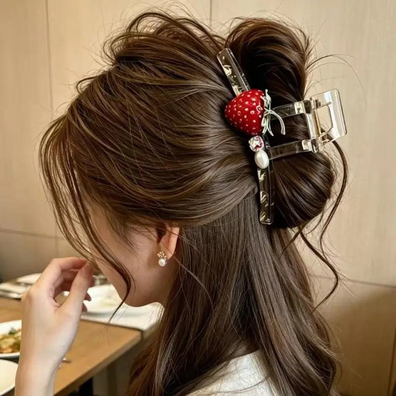 Polka Dot Hair Claw Clip With Strawberry Decor Non Slip Grip For Daily Party Womens Hair Accessory