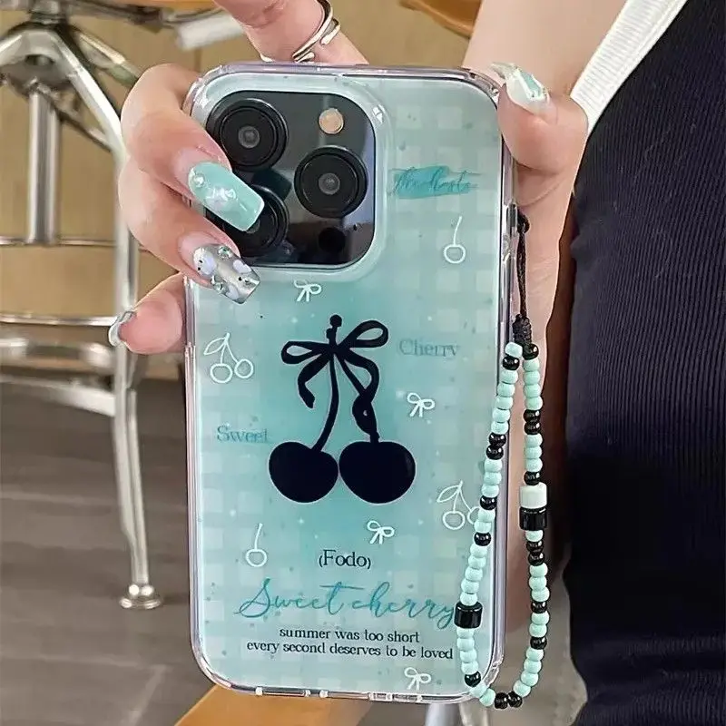 Mint Green Cherry Bracelet Phone Case For Samsung A16 A55 A56 A15 A25 A35 A54 A34 A24 A33 A53 A06 A05S A05 A03 A03S A13 A23 A14