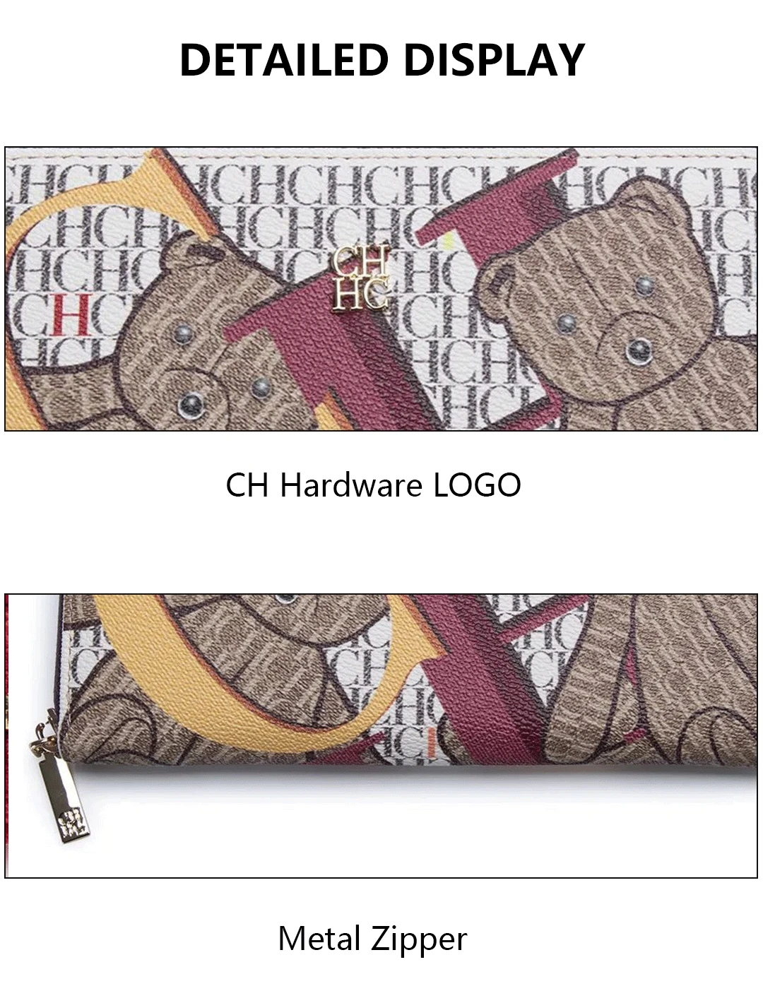 CH Damen Lange Reißverschluss-Geldbörse Vintage Monogramm Niedliches Bärenmuster Große Kartenfächer Geldbeutel Mit Verpackungsbox Tägliche Münz-Clutch – Detail 12