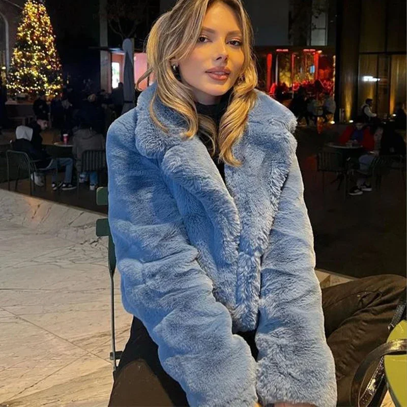 Blue Cropped Plush Fur Coat Women Ins Chic Street Fashion Girls Winter 2023 New Trend Faux Rabbit Fur Jacket Coats Short Outwear