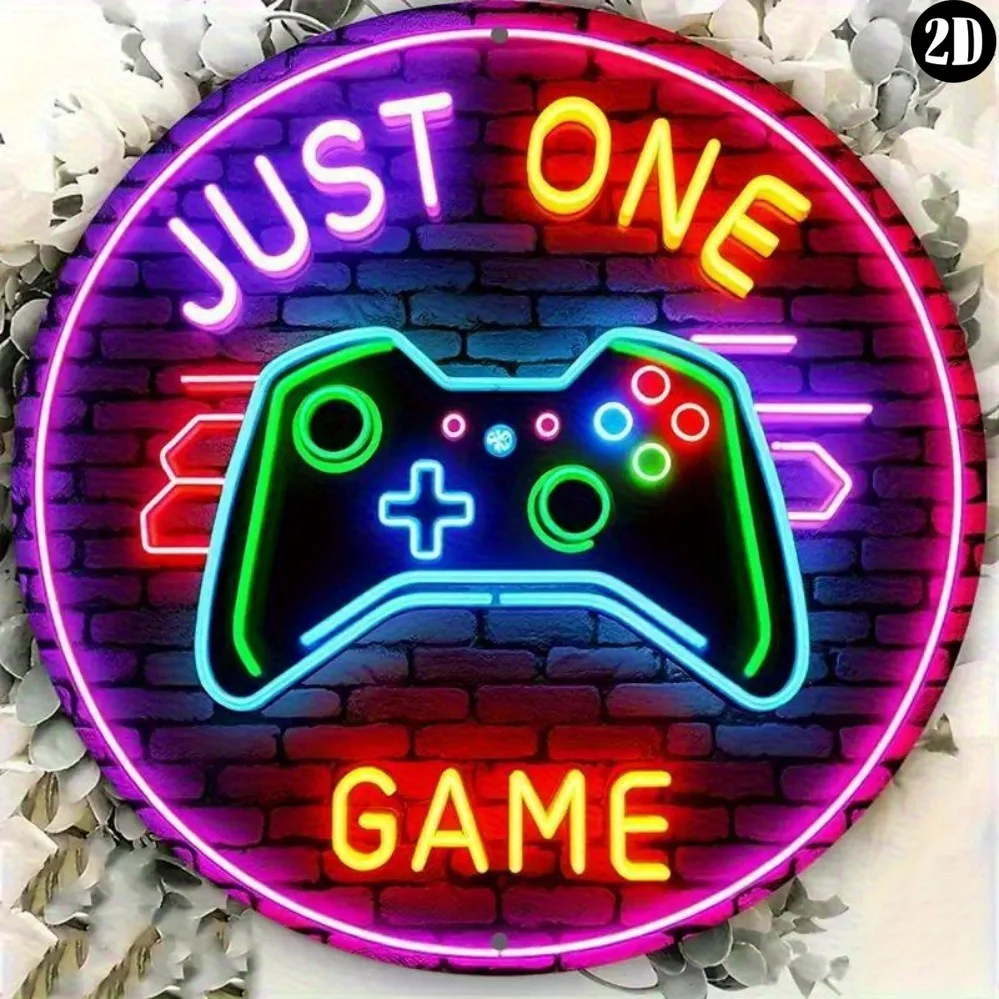Round Metal Tin Sign Just One Game Controller Fake Neon Print Wall Decor, Non LED 2D Flat Metal Plaque For Game Room Man Cave