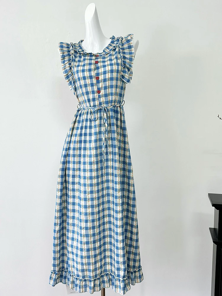 Summer French Vintage Sleeveless Prom Gown Long Plaid Tunic Dress Women Mori Girl Aesthetic Frocks One-Piece Cottage Core Sweet