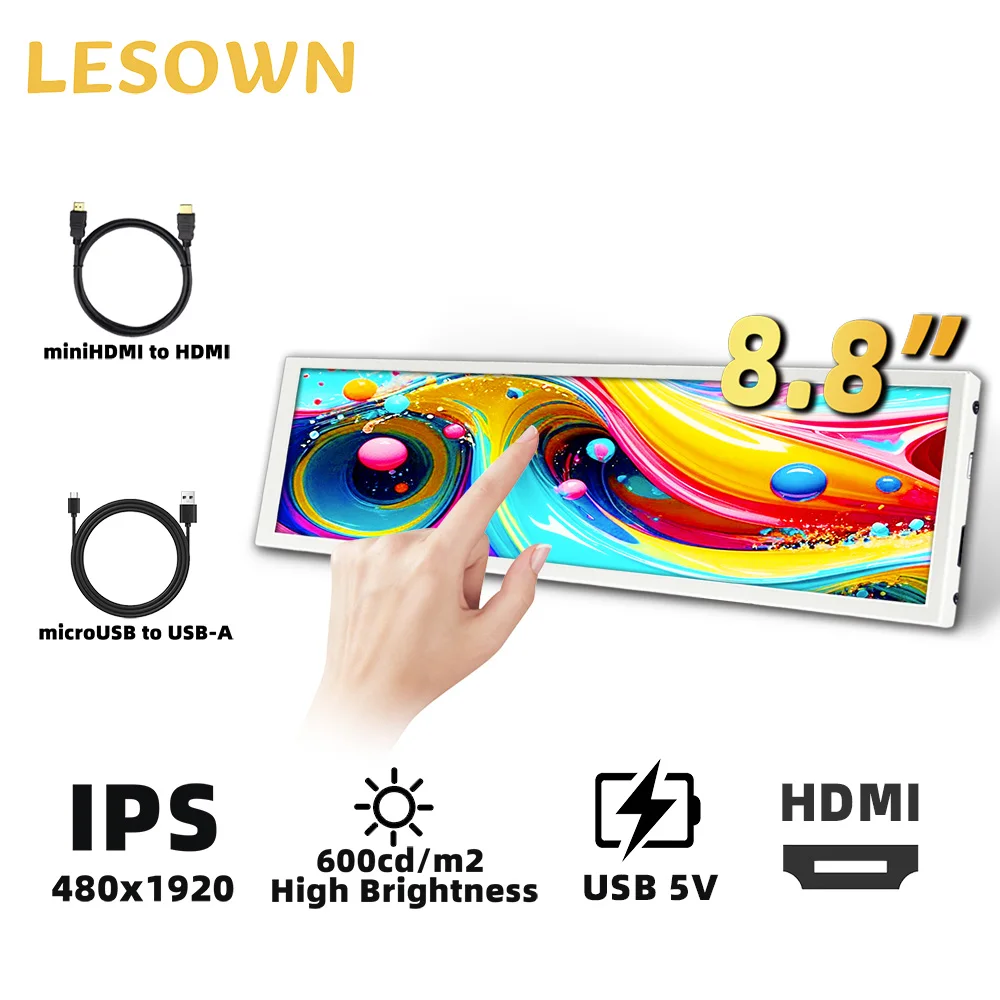 

LESOWN 8,8-дюймовый портативный монитор с растянутой планкой 480x1920 IPS, компактный боковой монитор с горизонтальным дисплеем для игровых консолей для портативных ПК