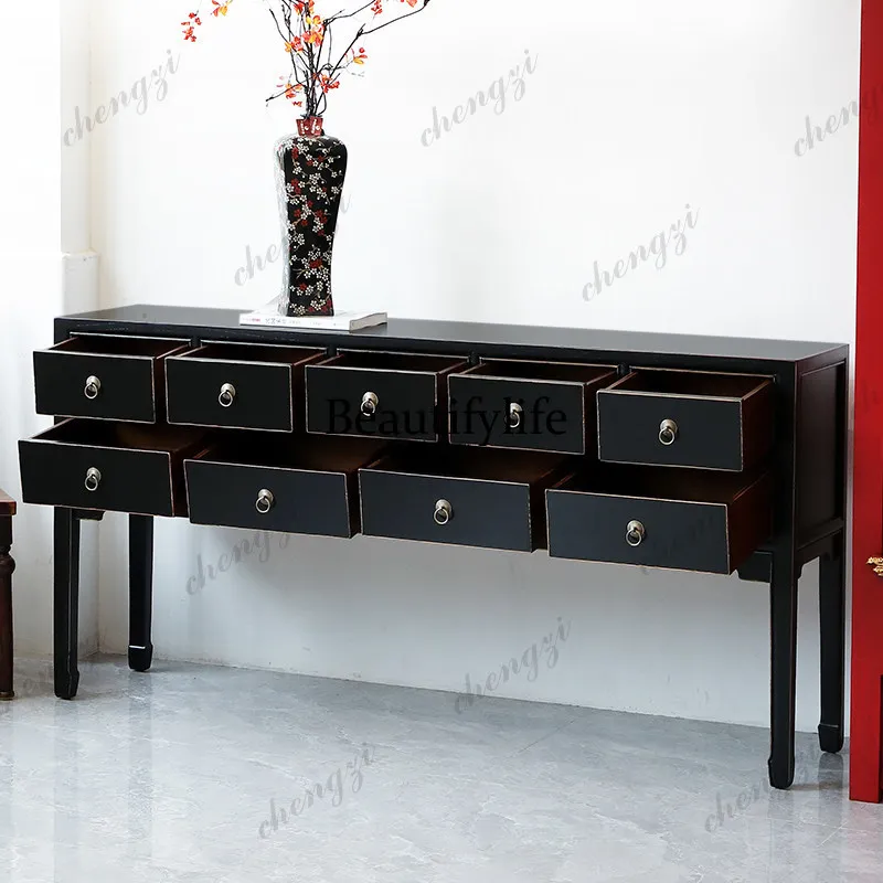 Chinese solid wood dining side cabinet, black nine-pump locker, living room retro storage cabinet