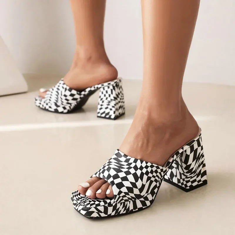 Plaid Checker Colorful Womens Slippers Summer Open Toe Female Fashion Shoes Chunky Heels Mules Platform Slides Sandals Size 43