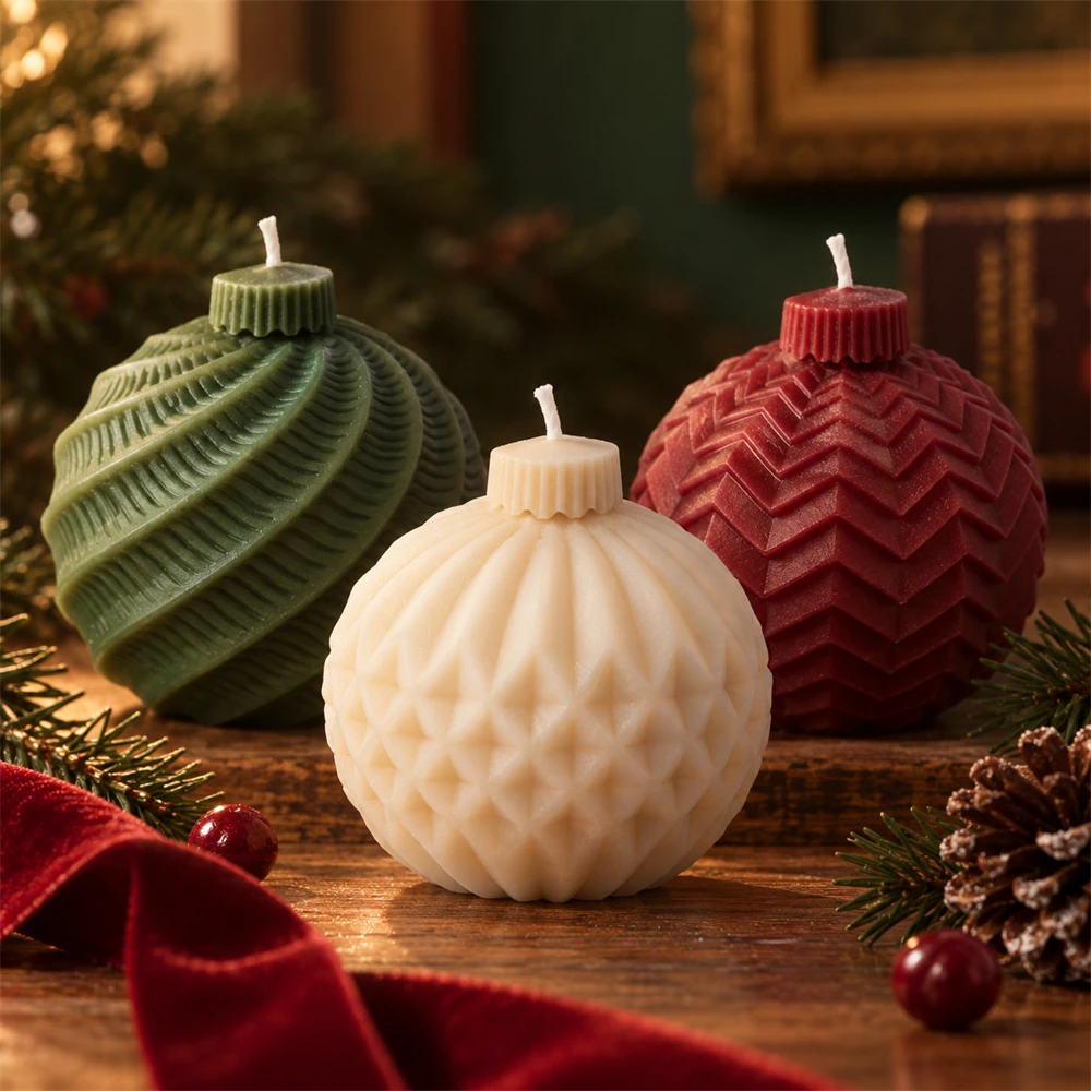3D Geometric Christmas Ball Candle Mold DIY Diamond Xmas Sphere Ornament Silicone Mold for Candle Making Holiday Decor Gifts