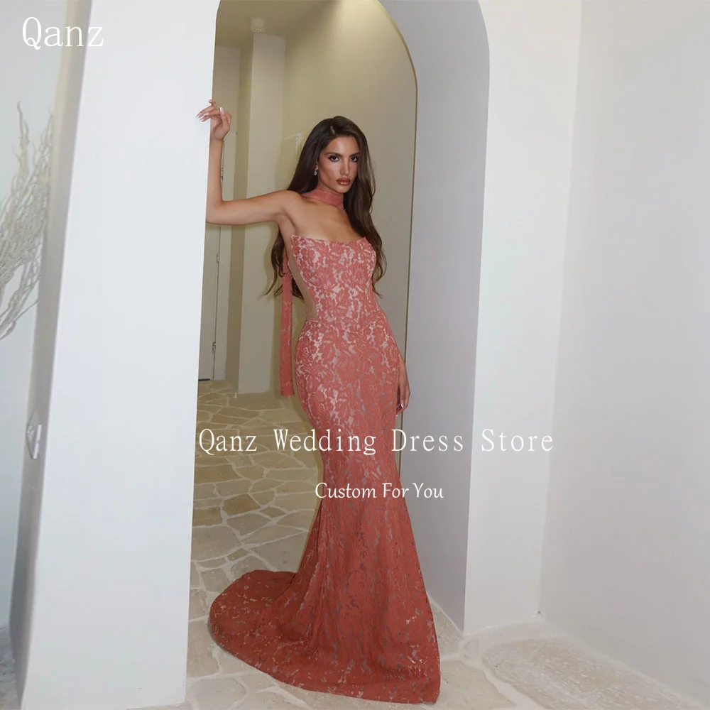 Qanz Koraalrood Chique Kant Avondjurk Zeemeermin Strapless Jurken Voor Bruiloftsgasten Lint Corset Party Prom Gown Aangepast