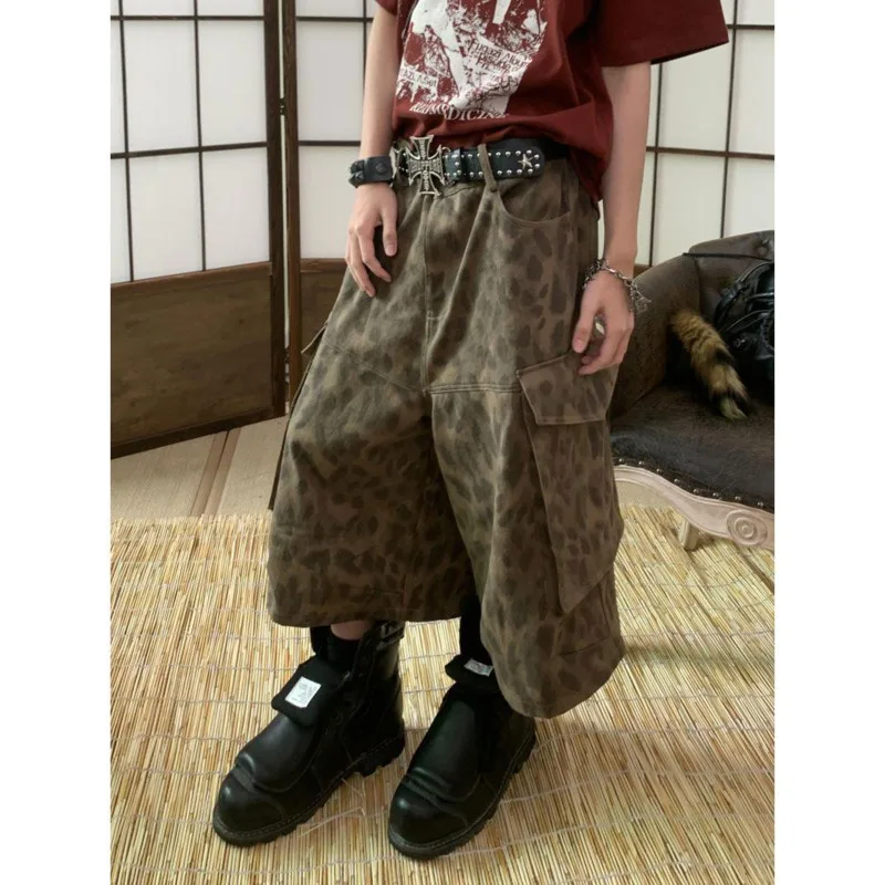 

Fashion Leopard Print Cargo Shorts 2024 Casual High Waisted Baggy Wide Leg Pants Trendy Loose Unisex Punk Streetwear Trousers