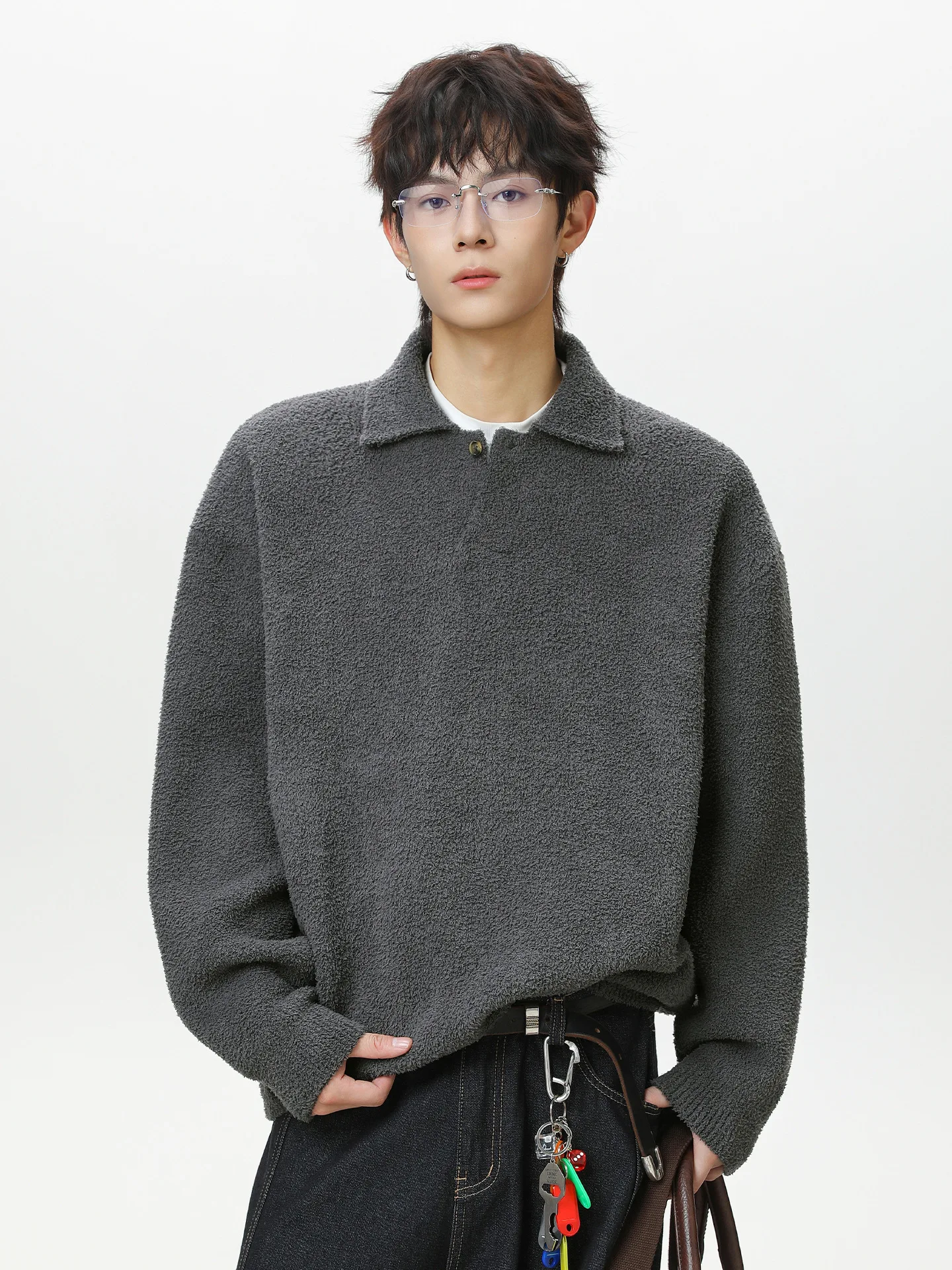 

Мужской пуловер с воротником «Чайка», свитер, полуфлисовый теплый трикотаж, однотонный текстурированный полиэстер с воротником на пуговицах, большой топ в стиле ретро